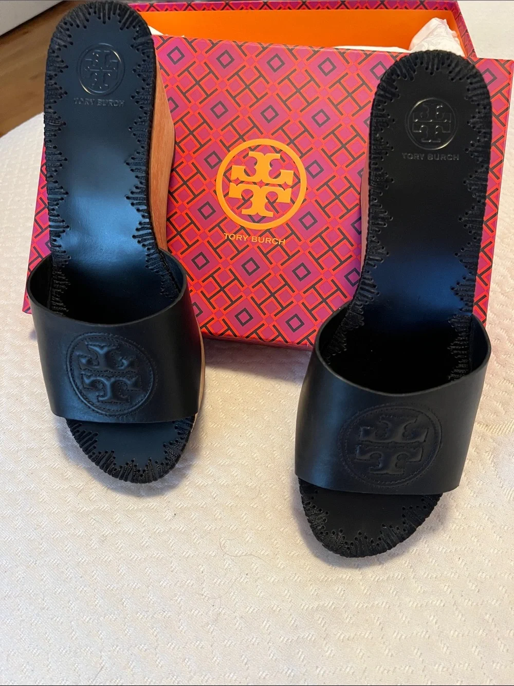 Tory Burch Black Leather Wood-Platform Slide Wedges